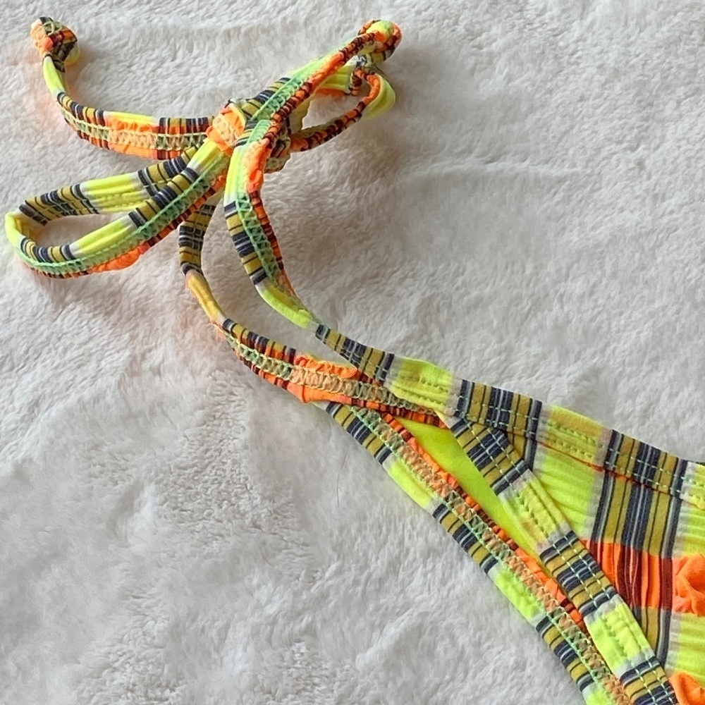 New! Montce neon plaid tie-up side tie bikini bottom Brazilian 19335 - Picture 8 of 13